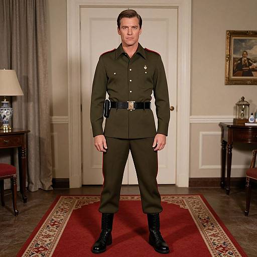 Photograph of a serious man in a dark green military uniform with black boots, standing on a red carpet in a formal room.