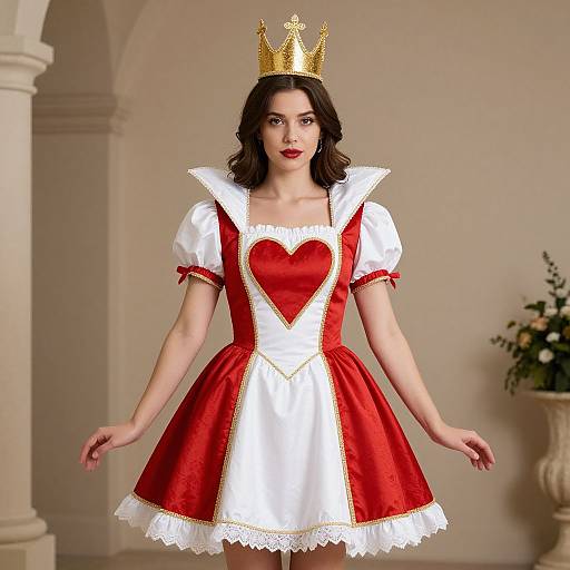 Photograph of a fair-skinned woman with dark hair, wearing a red and white heart-shaped dress, gold crown, and white lace trim, standing
