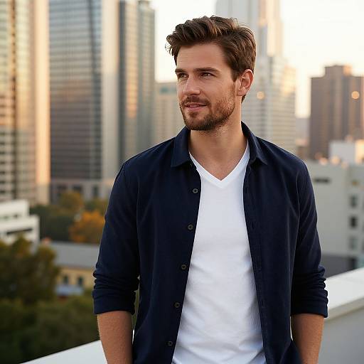 Photograph of a handsome, bearded man with short brown hair, wearing a navy shirt over a white V-neck, standing on a rooftop against a