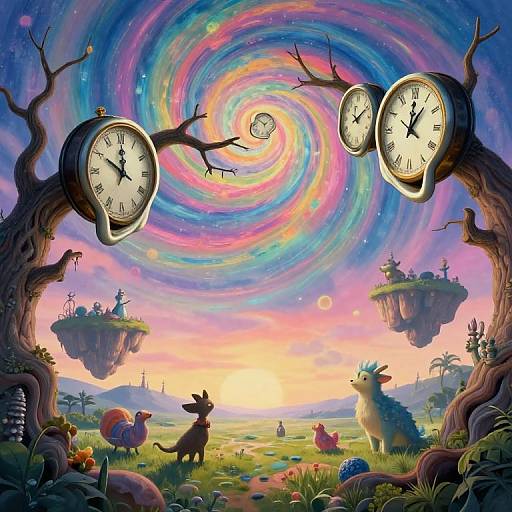 Whimsical digital painting of a vibrant, surreal landscape with swirling multicolored sky, floating islands, clock faces on twisted trees, and fantastical