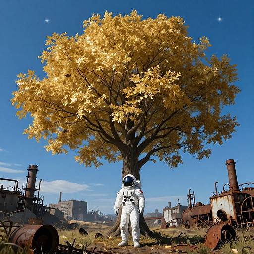 Digital artwork: Astronaut in white suit stands beneath vibrant golden tree, surrounded by industrial ruins and blue sky with stars.