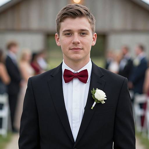 Groom in Red Bowtie at Barn Wedding