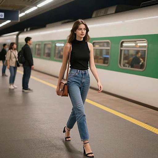Young Woman Walking on Night Train Platform