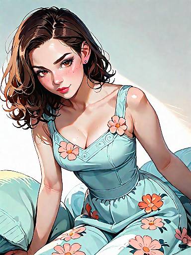 Young Woman in Blue Floral Dress