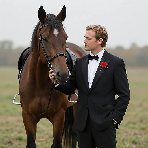 Photograph of a handsome man in a black tuxedo with red rose, standing beside a brown horse in a field.