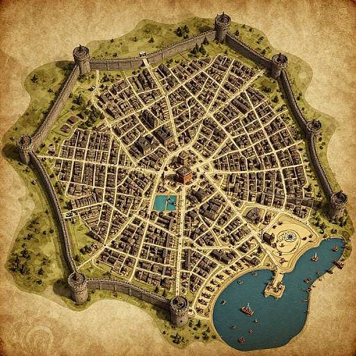 Detailed, overhead, digital illustration of a medieval city with concentric stone walls, towers, greenery, and a blue harbor with boats.