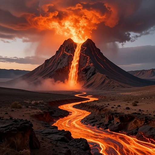 Photograph of a towering volcanic mountain with a vibrant orange lava flow cascading down, illuminating a winding river of molten rock against a dramatic,
