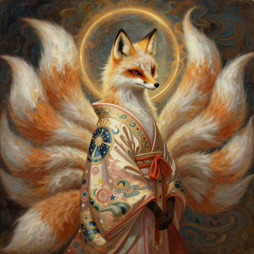 Rembrandt-Style Nine-Tailed Fox in Kimono
