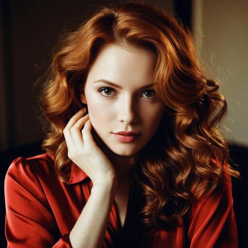 Woman with Wavy Auburn Hair in Red Silk Blouse