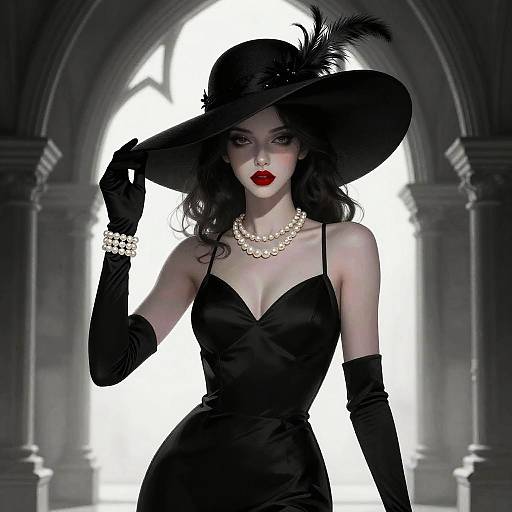 Elegant Woman in Black Dress and Hat