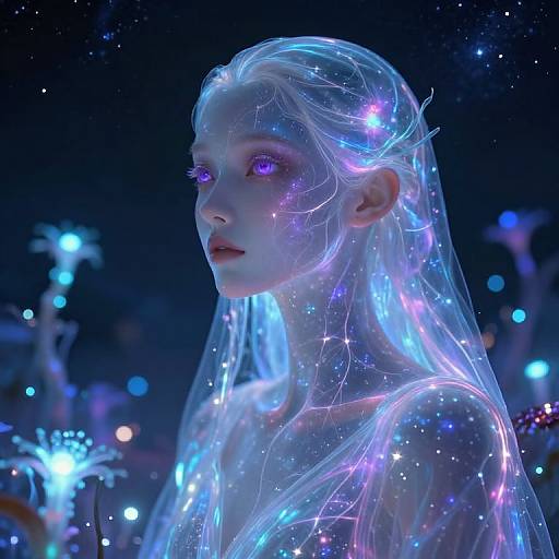 Digital artwork of a ethereal, pale-skinned woman with glowing purple eyes and transparent, luminous veil, surrounded by sparkling stars in a dark,