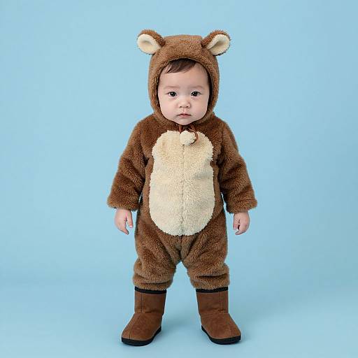 Photograph of a baby in a brown bear onesie with cream-colored chest, brown boots, and bear ears, standing against a light blue background.