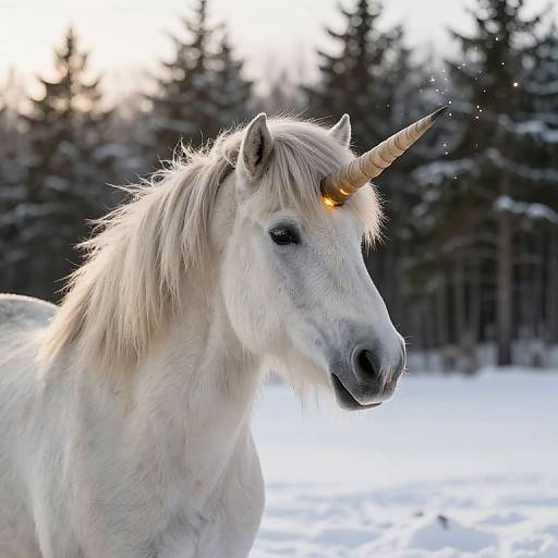 Photograph of a white unicorn with a glowing horn, standing in a snowy forest with pine trees, sunlight illuminating its mane.