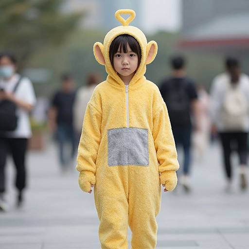 Photograph of an East Asian child wearing a yellow, fuzzy Pikachu onesie with ears and a silver patch, standing in a blurred urban street with pedestrians
