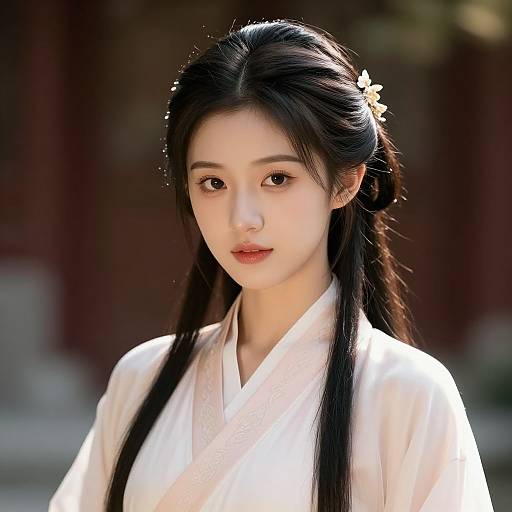 Photograph of an East Asian woman with long black hair, white floral hairpin, wearing a white traditional kimono, softly lit, against a blurred