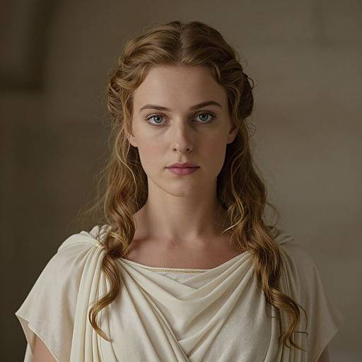 Photograph of a young woman with fair skin, blue eyes, and wavy brown hair in an ancient Roman-style white draped garment, standing against a