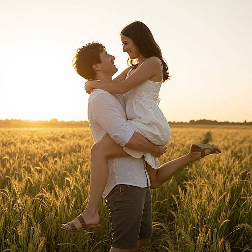 Photograph of a smiling couple in a golden wheat field at sunset; man in white shirt lifts woman in white dress, both gazing at each other