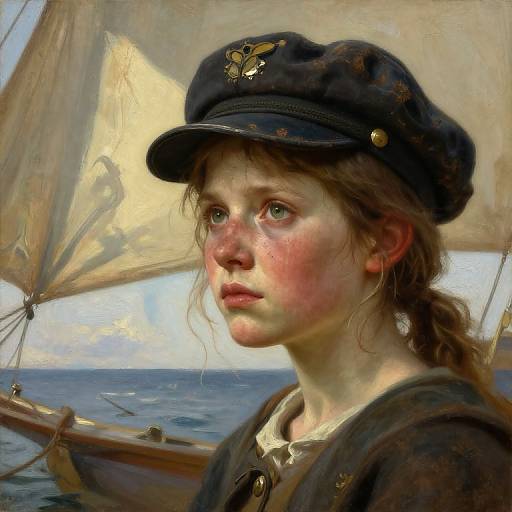 Realistic oil painting of a young, fair-skinned girl with rosy cheeks, wearing a weathered navy cap and brown jacket, gazing pens