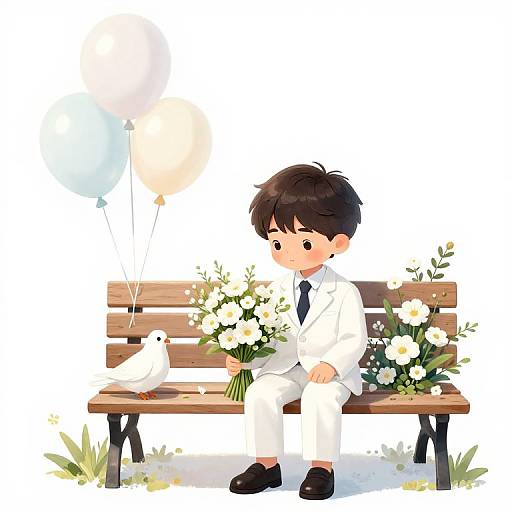 Digital illustration of a young boy in a white suit, holding balloons, sitting on a bench with flowers and a bird.