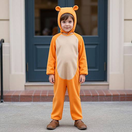 Photograph of a young boy in an orange bear onesie with ears, standing in front of a dark blue door.