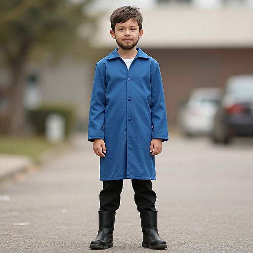 Photograph of a young boy with short brown hair and beard, wearing a blue raincoat, black pants, and black boots, standing on a blurred