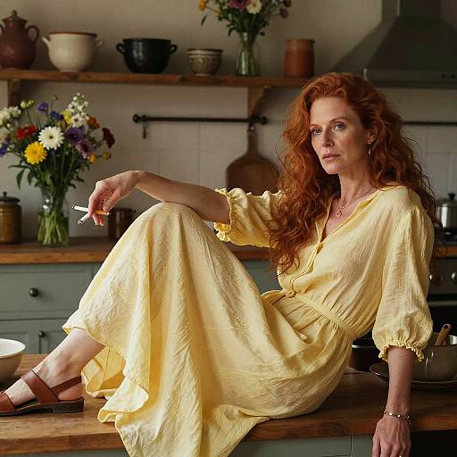 Photograph of a red-haired woman with curly hair, wearing a yellow dress, smoking a cigarette, reclining on a kitchen counter with vintage decor and