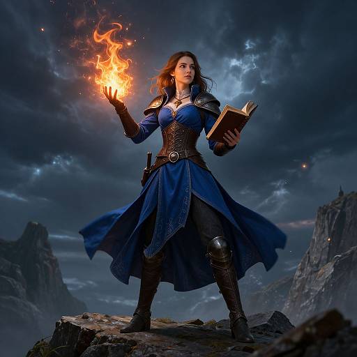 Photorealistic digital artwork of a powerful sorceress with long brown hair, blue dress, black armor, holding a glowing fireball and book,