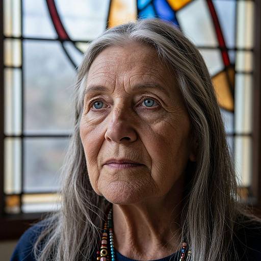 Photograph of an elderly woman with long gray hair, blue eyes, and wrinkled skin, wearing a black top and beaded necklace, standing in