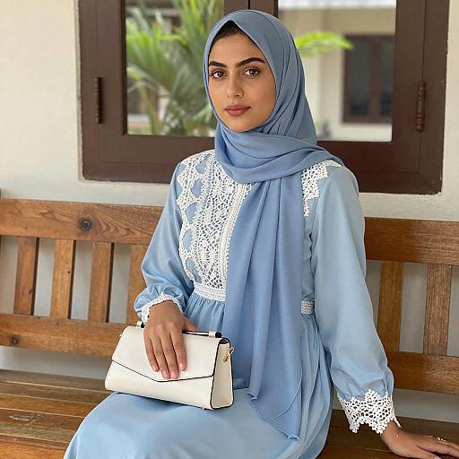 Woman in Blue Hijab Sitting on Bench