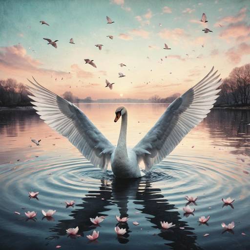 Swan Spreading Wings at Dreamlike Dawn