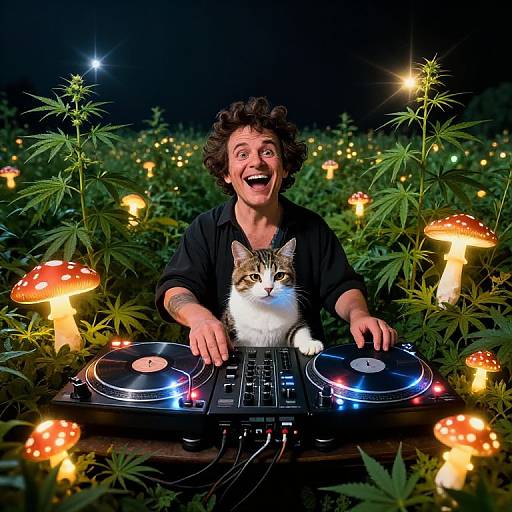 Photograph of curly-haired man with excited expression, DJing with cat on lap, surrounded by glowing mushrooms and plants at night.