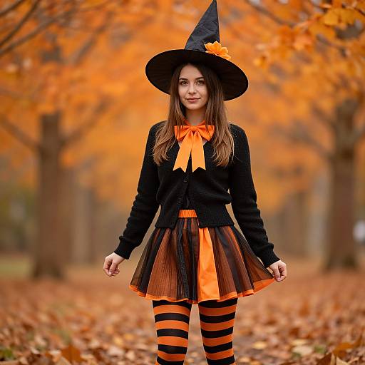 Photograph of a young woman in a black witch hat, orange bow, black cardigan, orange-striped skirt, and black-orange striped tights,
