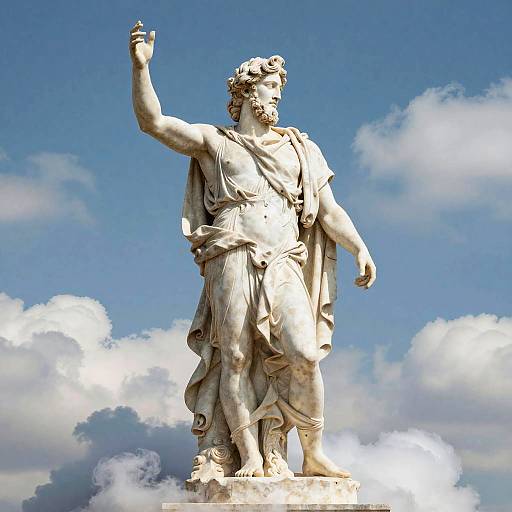 Photograph of a classical white marble statue of a bearded male figure with flowing robes, raising a cupped hand, standing on a cloudy blue sky