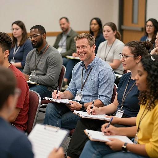 Photograph of diverse group of seated, attentive individuals, mostly young adults, in a classroom setting, taking notes during a lecture. Male in blue shirt