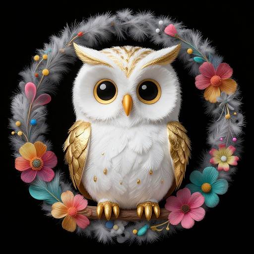 Digital art of a fluffy white owl with golden wings and eyes, surrounded by a colorful flower wreath, black background.