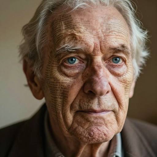 Photograph of an elderly man with white hair, blue eyes, and deeply wrinkled face, superimposed with black text on his skin, wearing