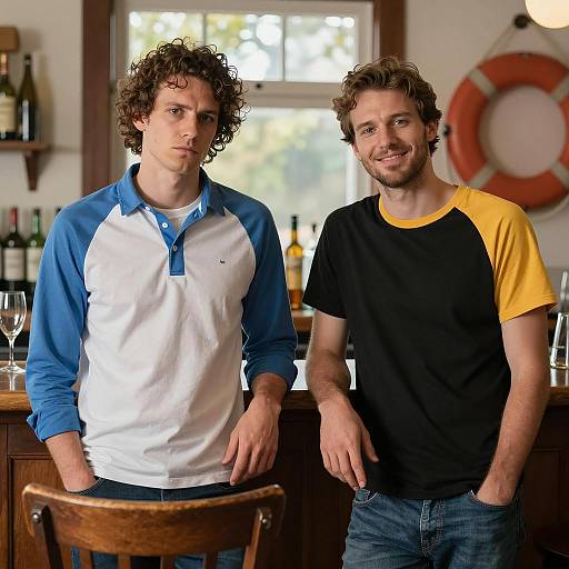 Two Men Standing at Wooden Bar