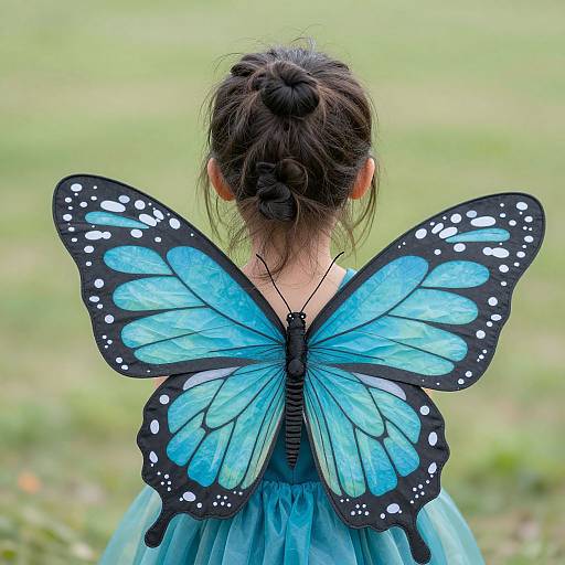 Photograph of a girl with dark hair in a bun, wearing a blue dress and large, vibrant blue butterfly wings with black and white spots, standing