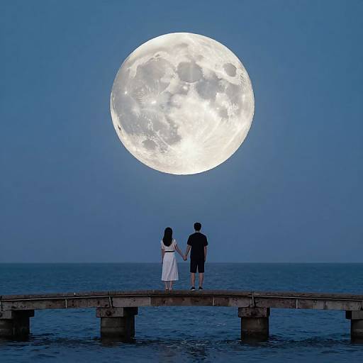 Photograph of a couple in white and black holding hands on a wooden pier, gazing at a large, bright full moon over a calm ocean at
