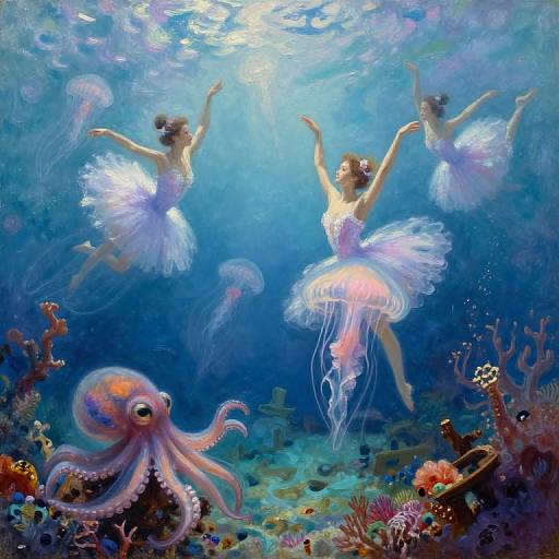 Digital painting: Four ethereal ballerinas in translucent white tutus dance underwater, surrounded by a colorful coral reef and a pink octopus. Sun