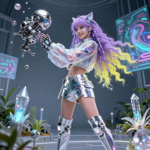 Digital art: Anime girl with purple-yellow hair, cat ears, white crop top, silver shorts, thigh-high boots, holding a glowing robotic skull,