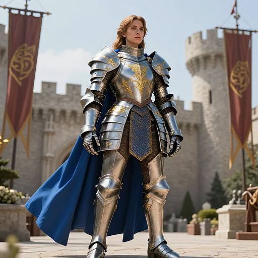 Photorealistic CGI of a strong, fair-skinned woman in shining silver armor with gold accents, blue cape, standing before medieval castle.