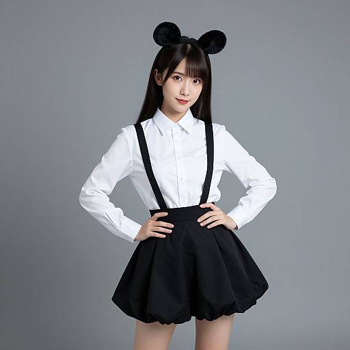 Asian woman in white shirt and black skirt with suspenders, black bow headband, hands on hips, gray background, studio photograph.