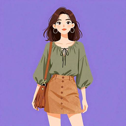 Stylish woman in olive green blouse and tan skirt