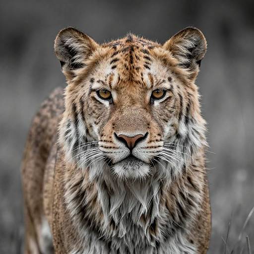 Photograph of a fierce, focused Bengal tiger with orange fur, black stripes, and intense yellow eyes, set against a blurred, gray background.