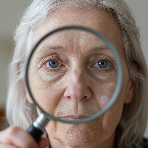 Close-up photograph of an elderly woman with white hair, blue eyes, and wrinkles, holding a magnifying glass to her face.