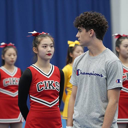 Gymnasium Scene with Cheerleader and Young Man