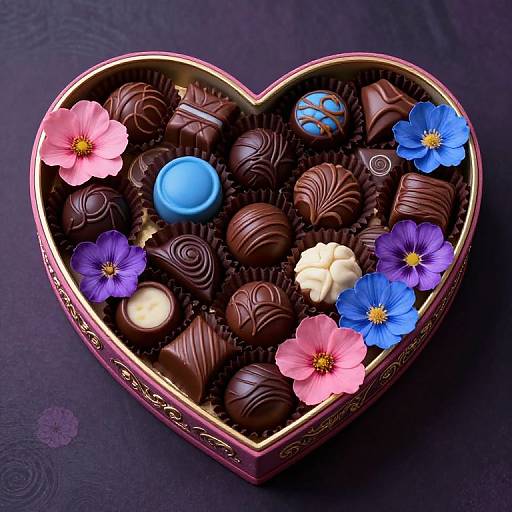 Ornate Heart-Shaped Box with Chocolates and Flowers