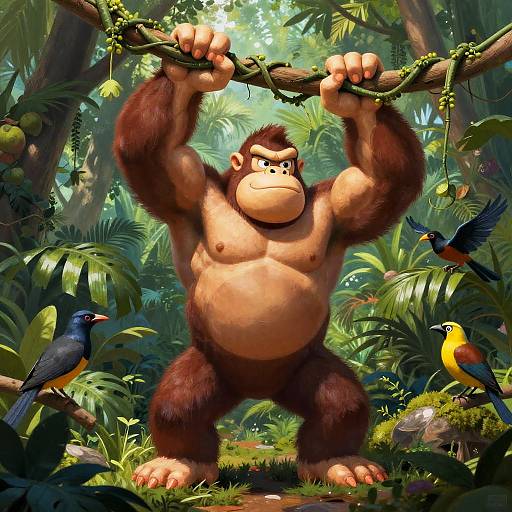 Digital illustration of a muscular, brown-furred gorilla hanging from a jungle branch, surrounded by colorful birds and lush greenery.
