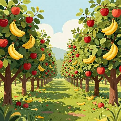 Digital illustration of a sunlit orchard with rows of apple trees bearing red apples and yellow bananas, under a clear blue sky.